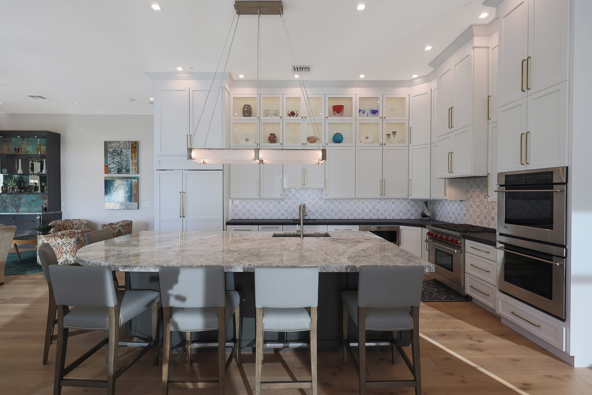 Kitchen with Zeus Quartzite island and Wolf range